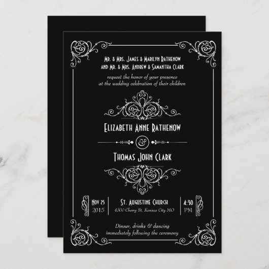 Fancy Art Deco Black & White Wedding Invitations Kaart (Voorkant / Achterkant)
