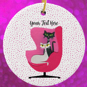 Fancy Atomic Cats in Roze Stoel Stippen Wit Keramisch Ornament