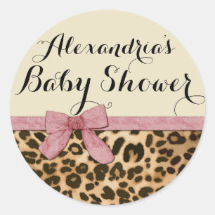 Fancy Baby shower leopard Pink Bow Girl Ronde Sticker