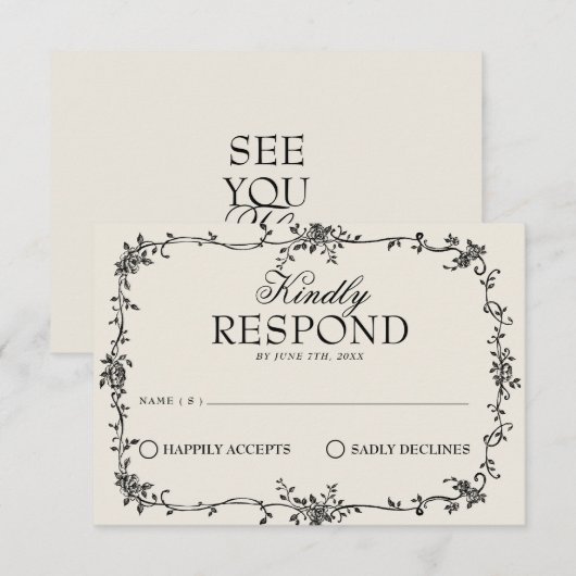 Fancy Black Cream Floral Boho Wedding RSVP (Devant / Derrière)