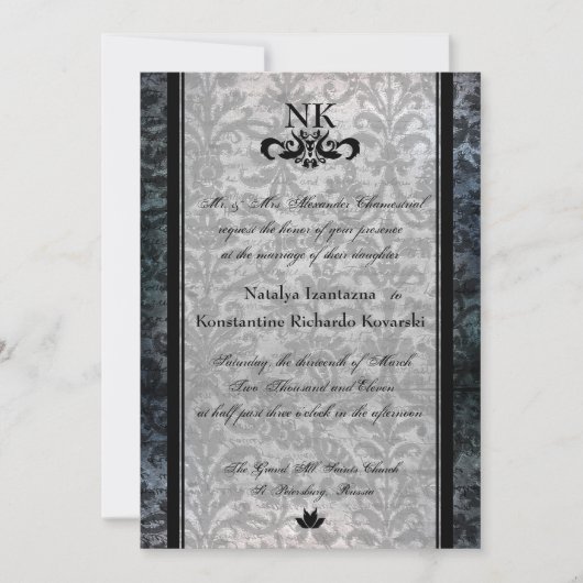 Fancy Black Damask Oval Gothic Wedding Invite Kaart (Voorkant)