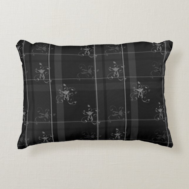 Fancy Black Plaid Cotton Accent Coussin 16" x 12" (Devant)