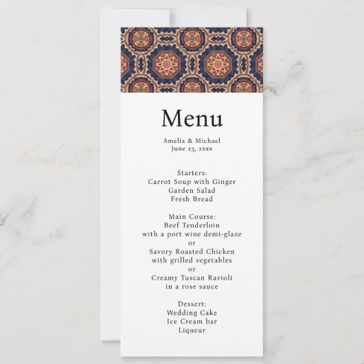 Fancy bloem- en stervormen Patroon Wedding Menu Kaart (Voorkant)