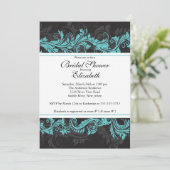 Fancy Blue Black Damask Bridal Shower-uitnodiging Kaart (Staand voorkant)