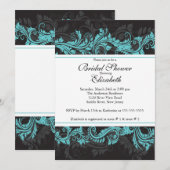 Fancy Blue Black Damask Bridal Shower-uitnodiging Kaart (Voorkant / Achterkant)