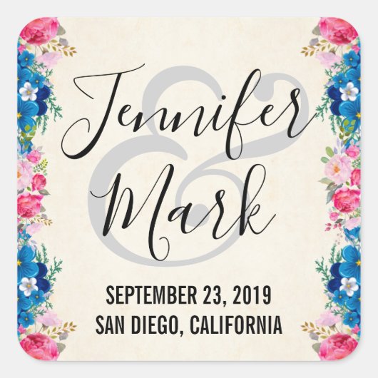 Fancy bruiloft met roze en blauwe Lijst Vierkante Sticker (Voorkant)