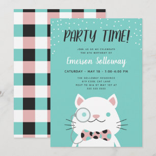 Fancy Cat Turquoise Kids Verjaardagsfeest Kaart