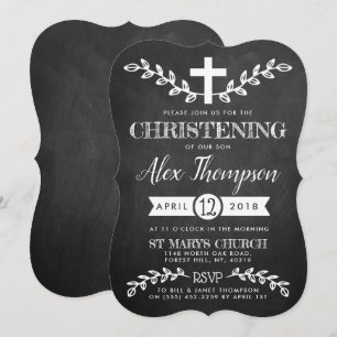 Fancy Chalkboard Cross & Foliage Christening Kaart