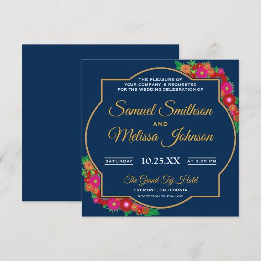 Fancy Chic Cadre Floral Invitation de Mariage Bleu (Devant / Derrière)