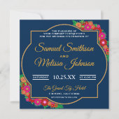 Fancy Chic Cadre Floral Invitation de Mariage Bleu (Devant)