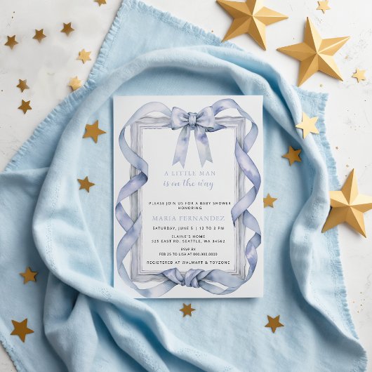 Fancy Chic Coquette Blue Bow Boy Baby shower Kaart