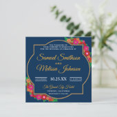 Fancy Chic Floral Lijst Blue Wedding Invitation Kaart (Staand voorkant)