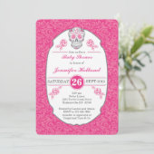 Fancy Damask Skull Baby shower Uitnodiging in Roze (Staand voorkant)