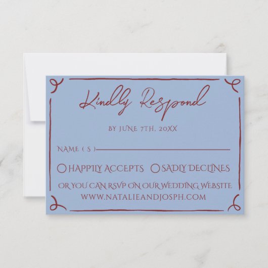 Fancy Deep Red Blue Frame Whimsy Mariage RSVP (Devant)