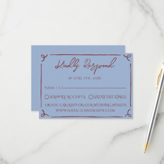Fancy Deep Red Blue Frame Whimsy Wedding RSVP
