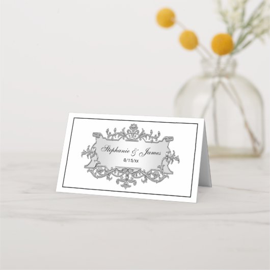 Fancy Faux Silver Filigree Lijst Escort Place Card (Voorkant)