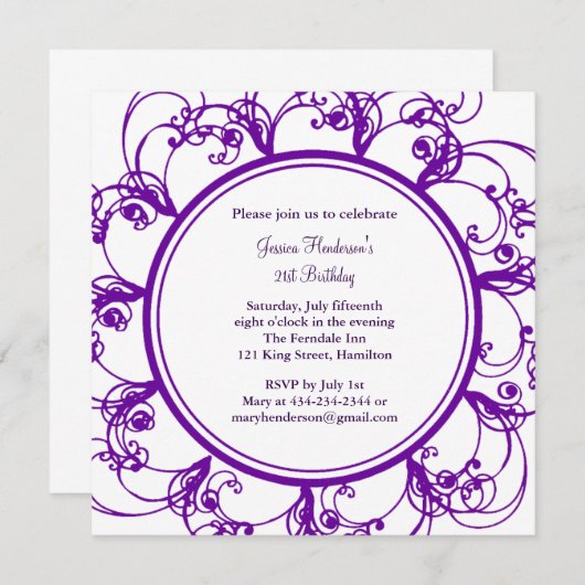 Fancy Floral 21e Invitation d'anniversaire (violet (Devant / Derrière)