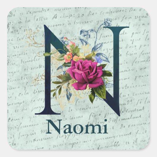 Fancy Floral Monogram Initiaal N Vierkante Sticker (Voorkant)