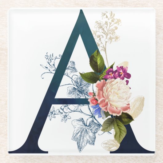 Fancy Floral Monogram Letter A Glazen Onderzetter (Voorkant)