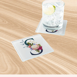 Fancy Floral Monogram Letter S Glazen Onderzetter