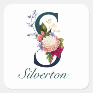 Fancy Floral Navy Monogram Letter S Vierkante Sticker