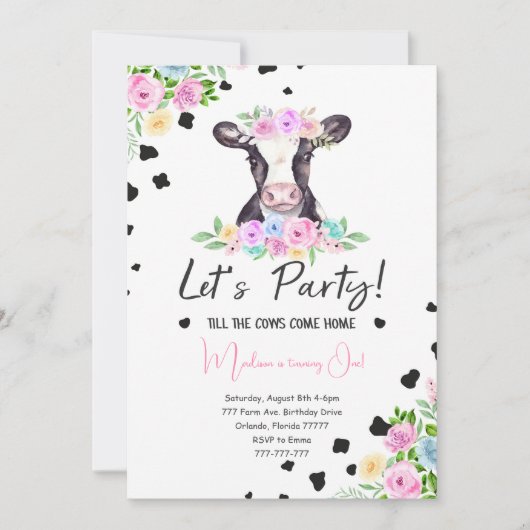 Fancy Font Koe Verjaardagsuitnodiging Kaart (Voorkant)