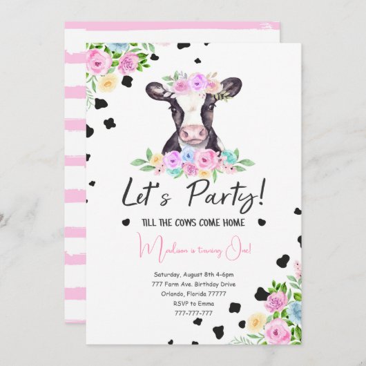 Fancy Font Koe Verjaardagsuitnodiging Kaart (Voorkant / Achterkant)