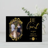 Fancy Frame Flowers Be our Guest Black Wedding Folie Uitnodiging (Staand Voorkant)