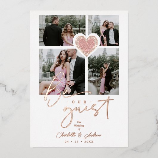 Fancy gezichtsroze hart 4 multi-foto's collage folie uitnodiging (Voorkant)