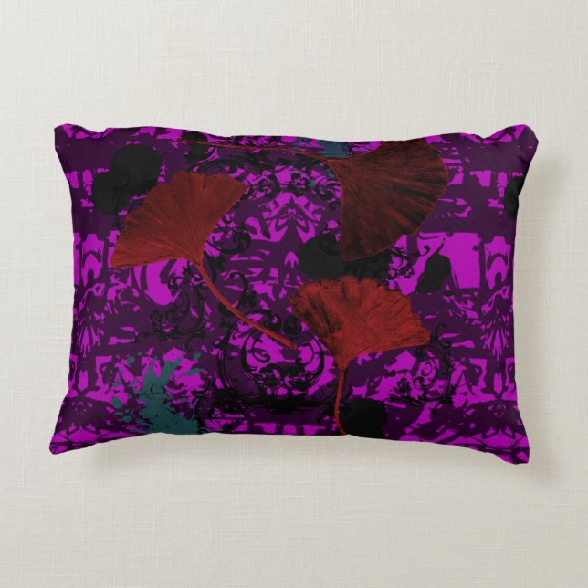 Fancy Ginkgo Grunge Accent Pillow Paars Decoratief Kussen (Achterkant)