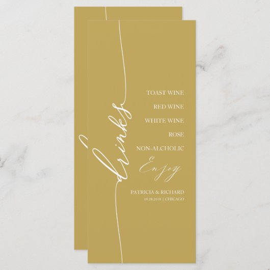 Fancy Gold 4x9 Wedding Drink Menu Card For Plate (Devant / Derrière)