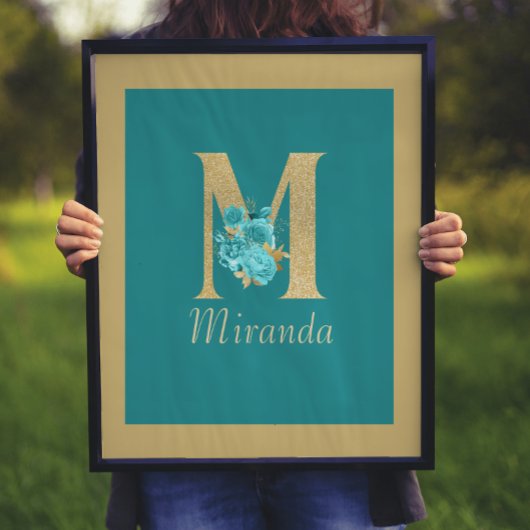 Fancy Gold & Aqua Floral Letter M Wall Print