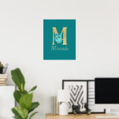 Fancy Gold & Aqua Floral Letter M Wall Print (Thuiskantoor)