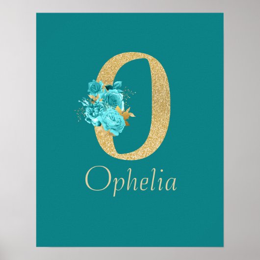 Fancy Gold en Aqua Floral Letter O Wall Print (Voorkant)