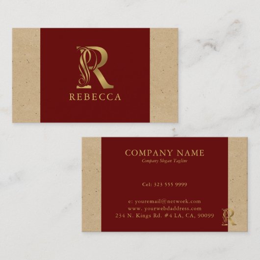 Fancy Gold Letter R-monogram op rood en karton Visitekaartje (Voorkant / Achterkant)