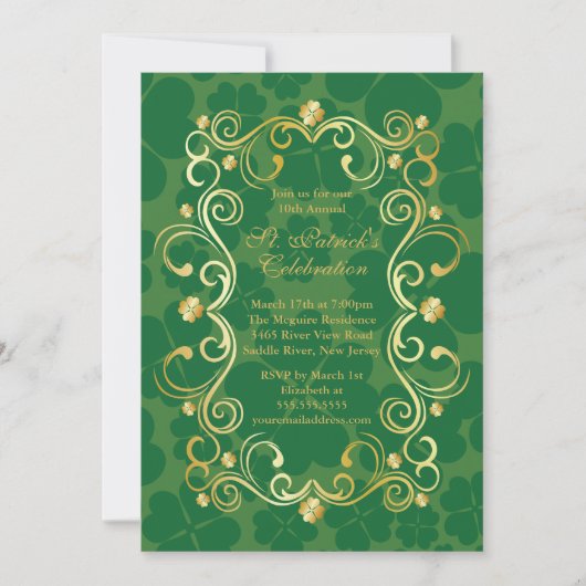 Fancy Gold Shamrock St. Patrick's Party Invitation (Devant)