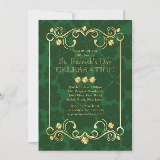 Fancy Gold Shamrock St. Patrick's Party Invitation Kaart (Voorkant)