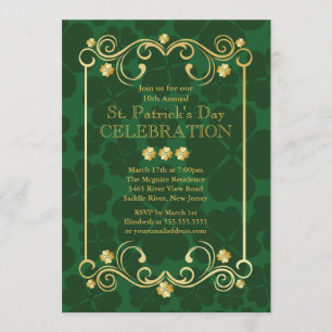 Fancy Gold Shamrock St. Patrick's Party Invitation Kaart
