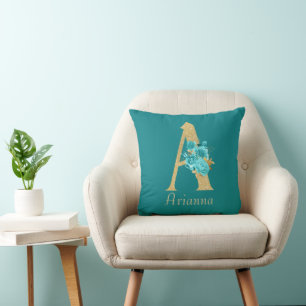 Fancy goud & Aqua Floral Letter A Sierkussen