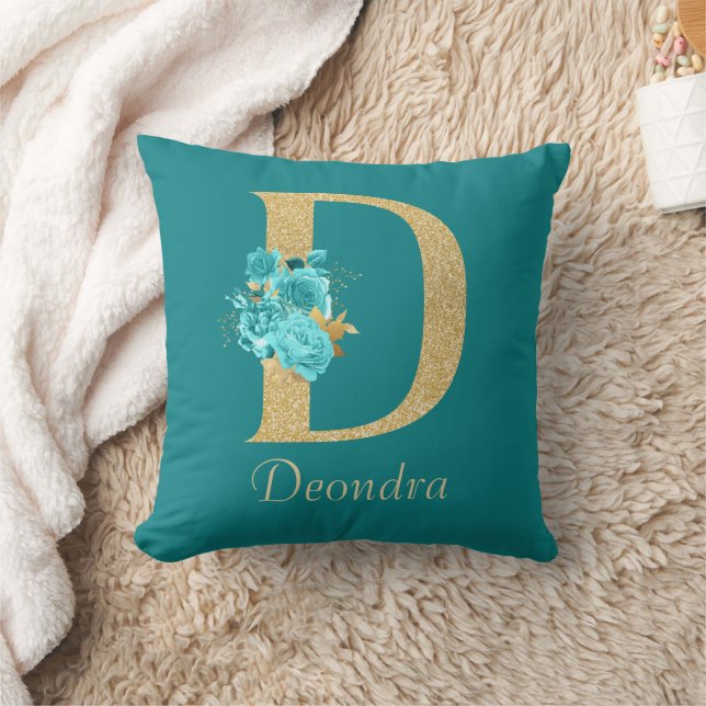 Fancy goud & Aqua Floral Letter D Sierkussen (Deken)