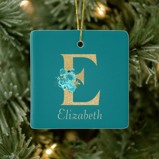 Fancy goud & Aqua Floral Letter E Keramisch Ornament (Boom)