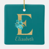Fancy goud & Aqua Floral Letter E Keramisch Ornament (Achterkant)