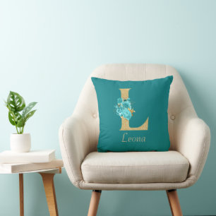Fancy goud & Aqua Floral Letter L Sierkussen