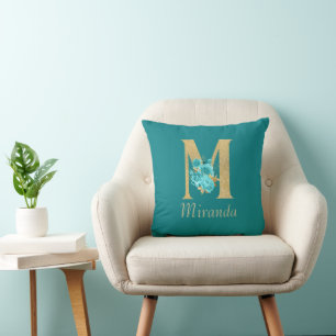 Fancy goud & Aqua Floral Letter M Sierkussen