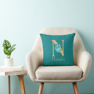 Fancy goud & Aqua Floral Letter N Sierkussen
