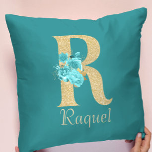 Fancy goud & Aqua Floral Letter R Sierkussen