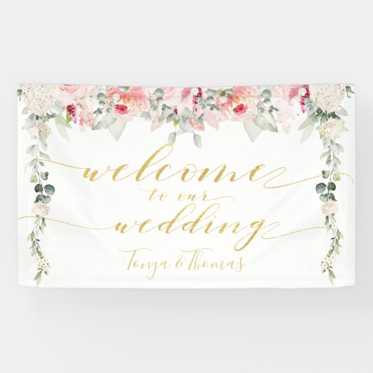 Fancy goudkalligrafie - Welkom bij Blush Blooms Spandoek (Horizontaal)