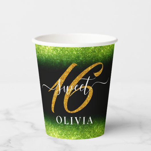Fancy groene Glitter Sweet 16 Zestien Papierbeker Papieren Bekers (Voorkant)