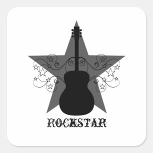 Fancy Guitar Star Swirls Square Stickers, zwart Vierkante Sticker