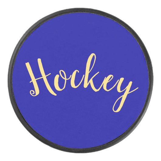 Fancy "Hockey" Script Rich Royal Blue Background Hockey Puck (Voorkant)